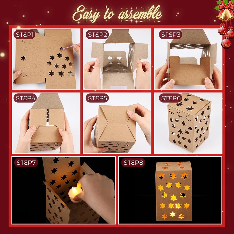 Resholder 30 Set Luminaries Boxes with Flameless Tea Lights Candle Lantern Box Fire Retardant Star Luminaries Illuminated Sets for Wedding Birthday Party Supplies Valentine's Day Decor(Hexagonal Star) - Image 3
